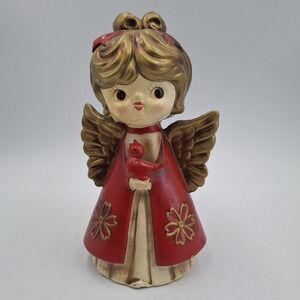 Vtg Christmas Angel Figurine Japan Mid Century‎ Red Gold Big Eye Girl Cardinal